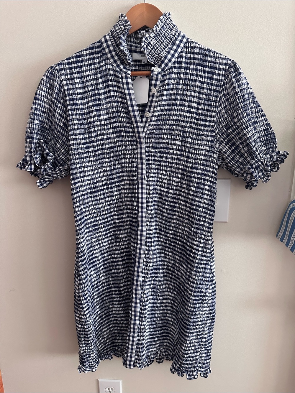 Jason Wu x RTR Gingham-Textured Navy and White Short Sleeve Dress - Picture 14 of 14